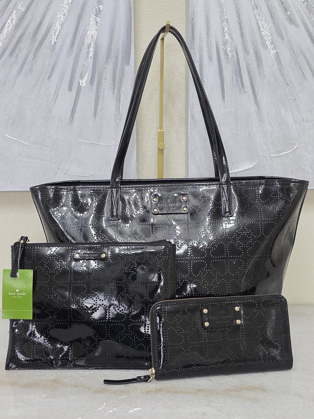 Kate Spade Black Patent Leather 3 Piece Set Tote Wallet Pouch Metro Spade
